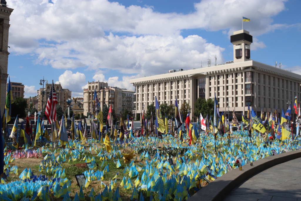 Flags honoring fallen Ukrainian soldiers carpet the ground on Kyiv's Independence Square.