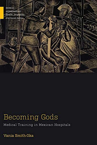 Book cover of Becoming Gods. A black and white illustration of two people standing, wrapping cloth around the head of a person sitting to cover the eyes.